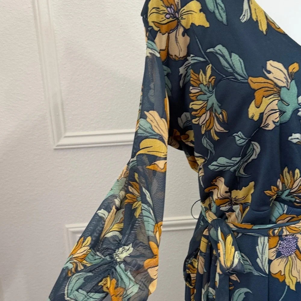 Floral Wrap overlayed Maxi Dress 3/4 sleeve in Teal and Mustard✨Large - Picture 4 of 8